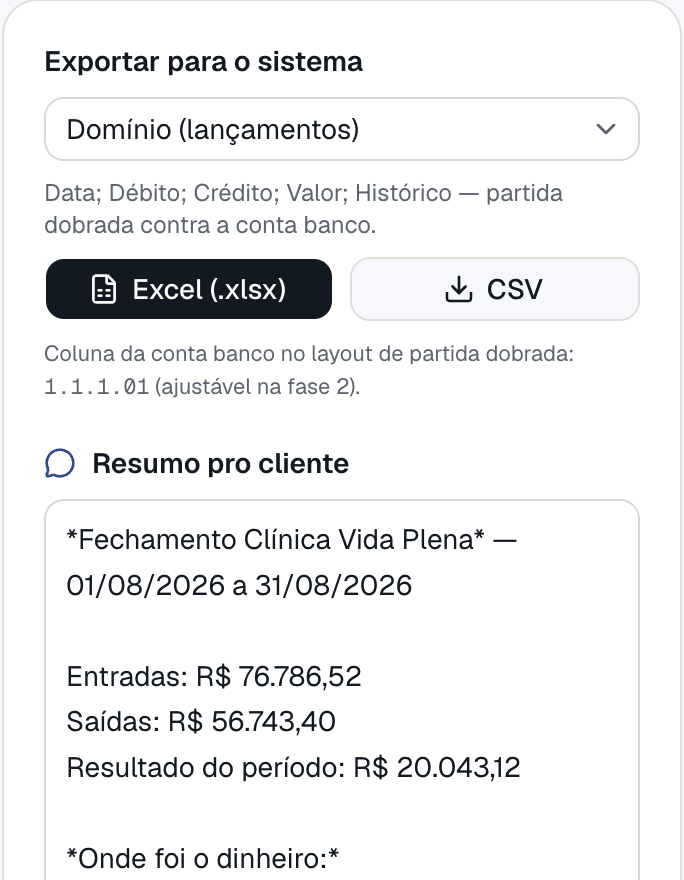 Painel de exportação com o resumo pronto para o WhatsApp do cliente